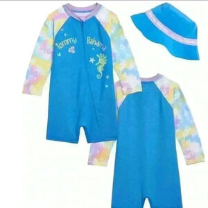 NWT Tommy Bahama Baby Toddler Girl 2-Piece Swimsuit Swim Hat Set 18-24 Months
